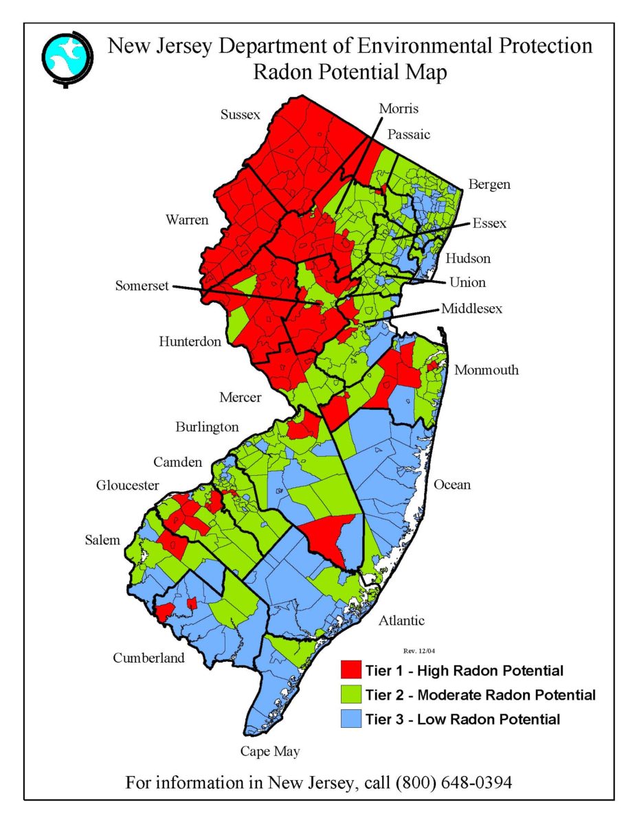 New Jersey DEP radon potential map showing high-risk counties in red